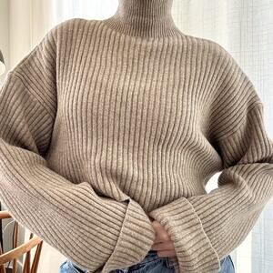 Zara Womens Ribbed Crop Pullover Sweater S Beige Cuff Sleeves Mock Neck Oversize
